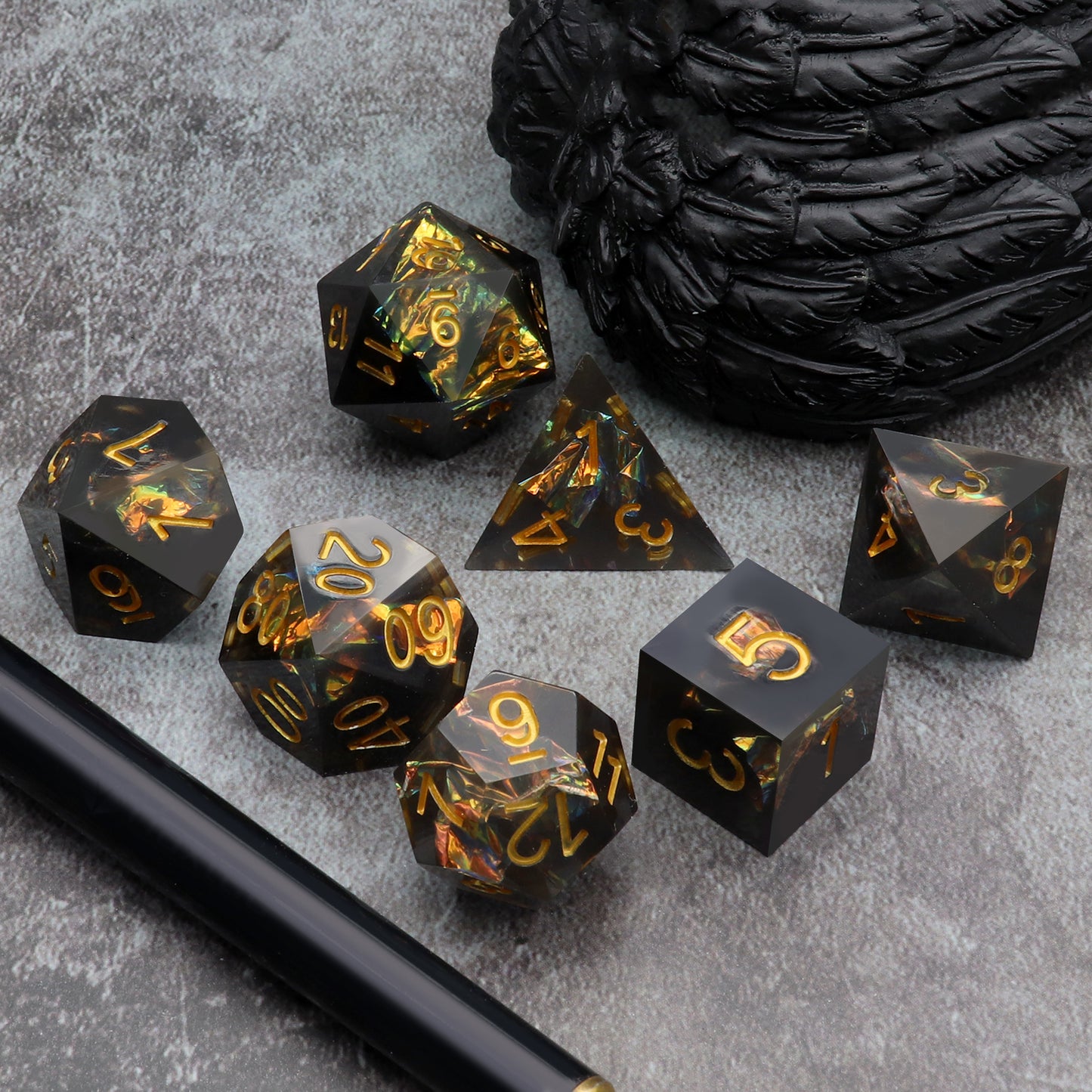 Haxtec Sharp Edge Dice Set DND Dice Black Resin Dice Iridecent Mylar Galaxy D&D Dice for RPG Role Playing Dungeons and Dragons Gift