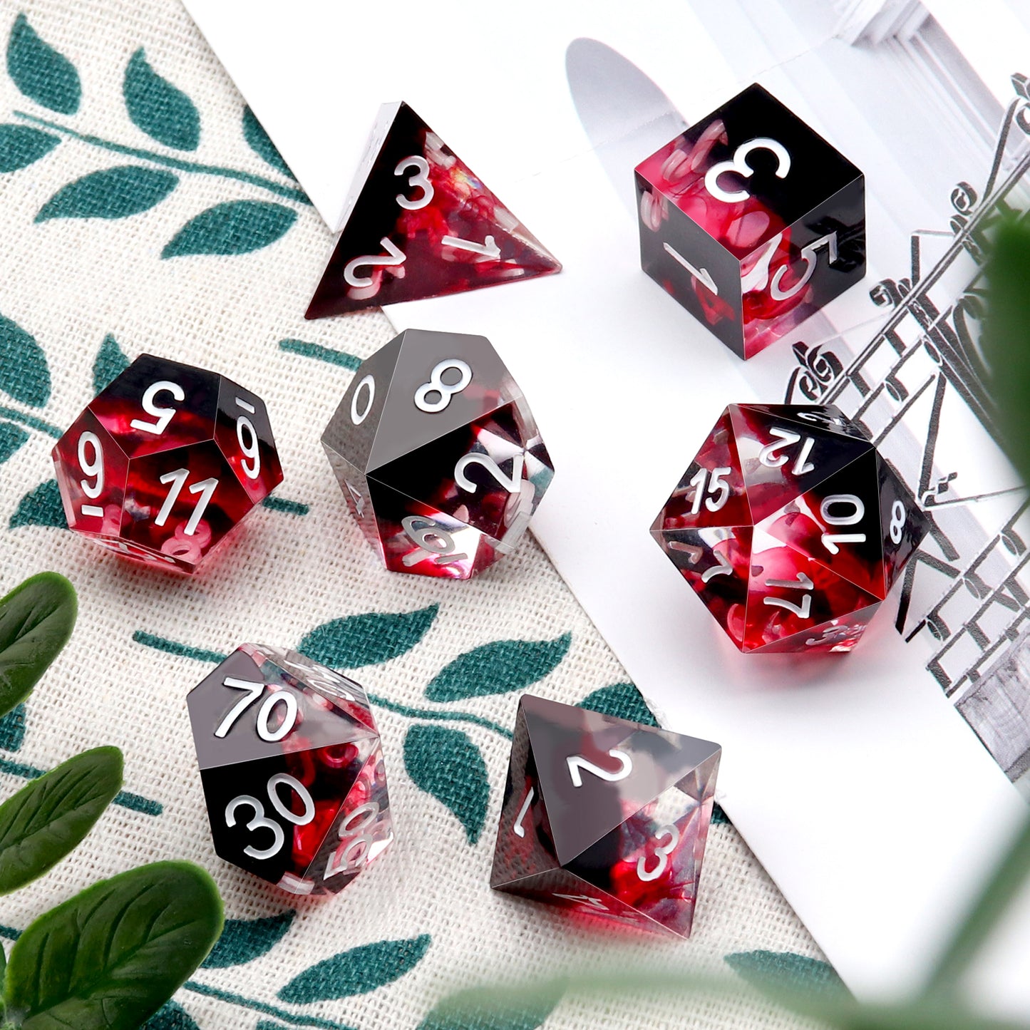 Haxtec Sharp Edge DND Dice Set Red Blood Swirls Resin Dice D&D Dice with Dice Case for RPG Role Playing Games Dungeons and Dragons Gift-White Ink