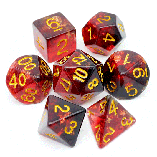 red dice, black dice, foil dice, gold foil dice, resin dice, black red dice, resin dnd dice, dice set, dnd dice, polyhedral dice, rpg dice, fire dice