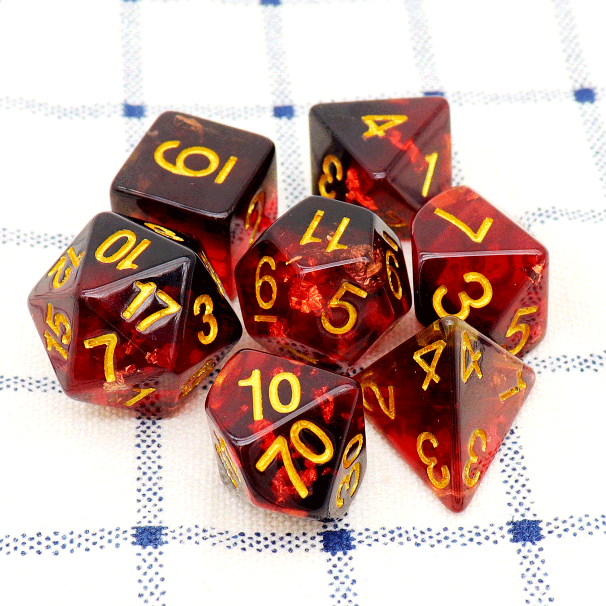 red dice, black dice, foil dice, gold foil dice, resin dice, black red dice, resin dnd dice, dice set, dnd dice, polyhedral dice, rpg dice, fire dice