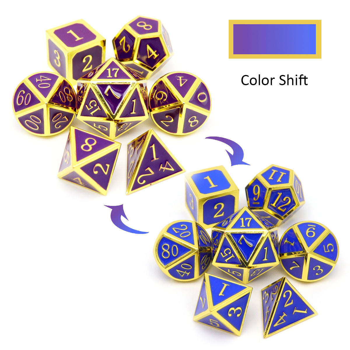 gold purple blue dice, color changing dice, haxtec dice, heat sensitive dice, gold metal dice, purple blue dice, rpg dice, dnd dice, dice set.