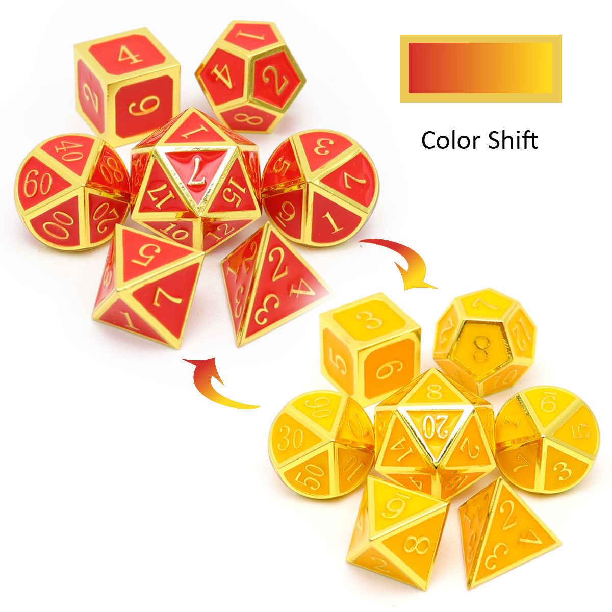 haxtec red yellow color changing metal dice set, metal dnd dice, rpg dice set