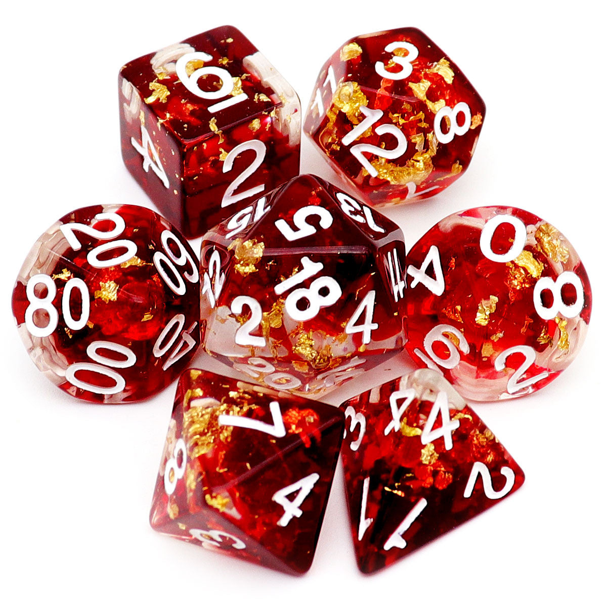 red resin dice, resin dice, dnd dice, dice set, dungeons and dragons, haxtec dice, rpg dice, red dice. gold leaf dice