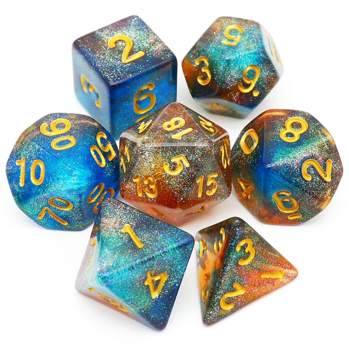 haxtec glitter dnd dice set, blue tea dice set, fire opal dice set, rpg dice, dragon dice, d&d dice