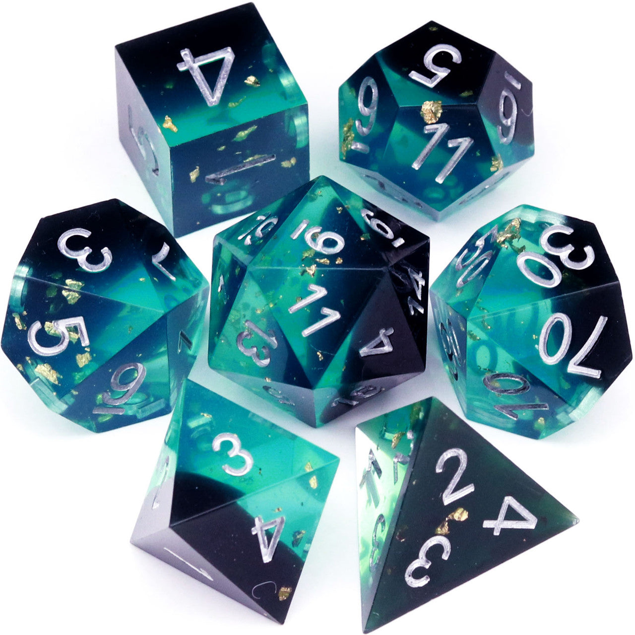 Haxtec Sharp Edge Resin Dice Set Blue Black Gold Foil Inclusion War Series With Velvet Dice Vault