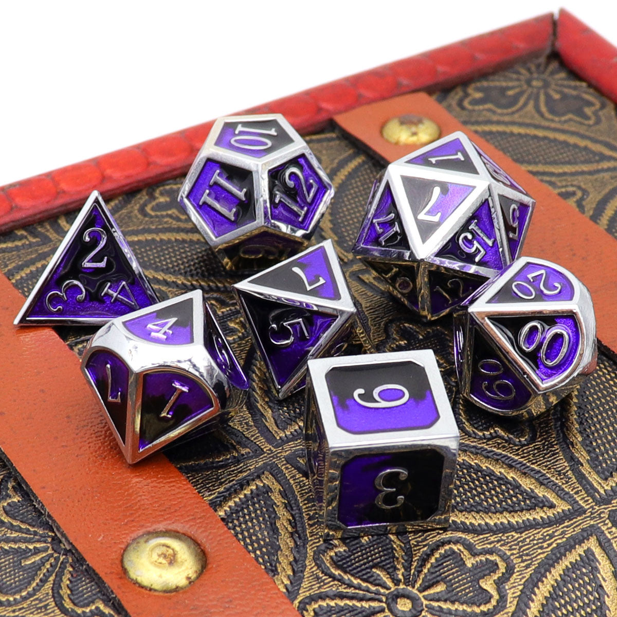 haxtec metal dnd dice, metal dice, dnd dice set, silver metal dice, purple metal dice, black metal dice