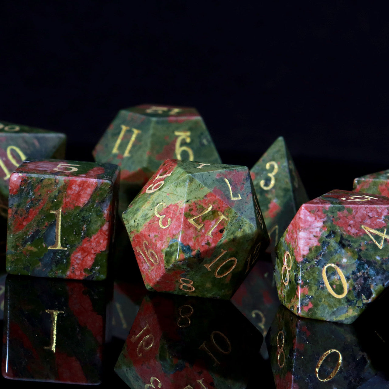 unakite dice, gemstone dice, dnd dice, haxtec dice