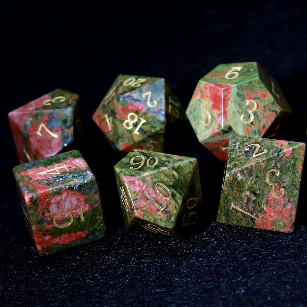 unakite dice, gemstone dice, dnd dice, haxtec dice