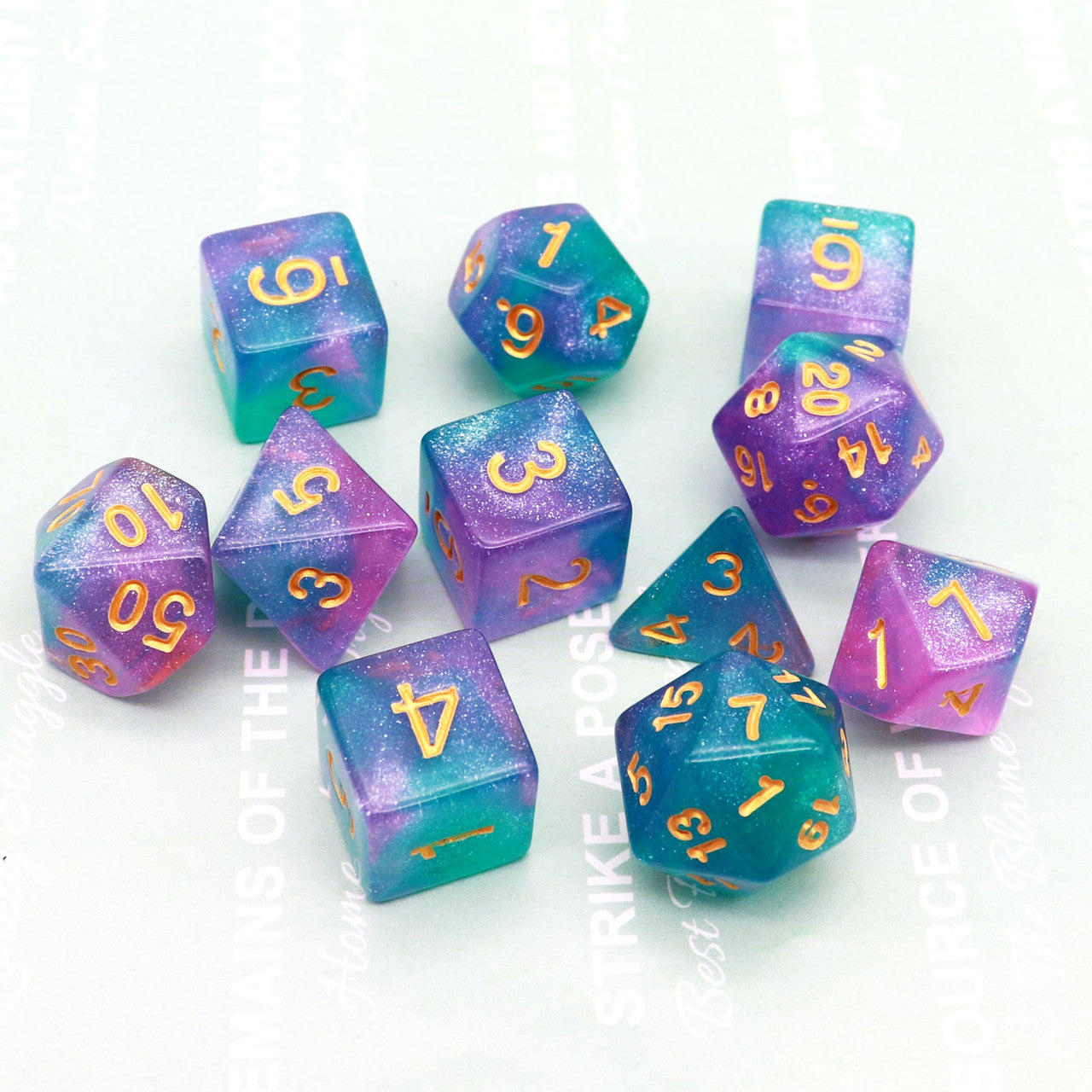 teal purple glitter dice 11 piece