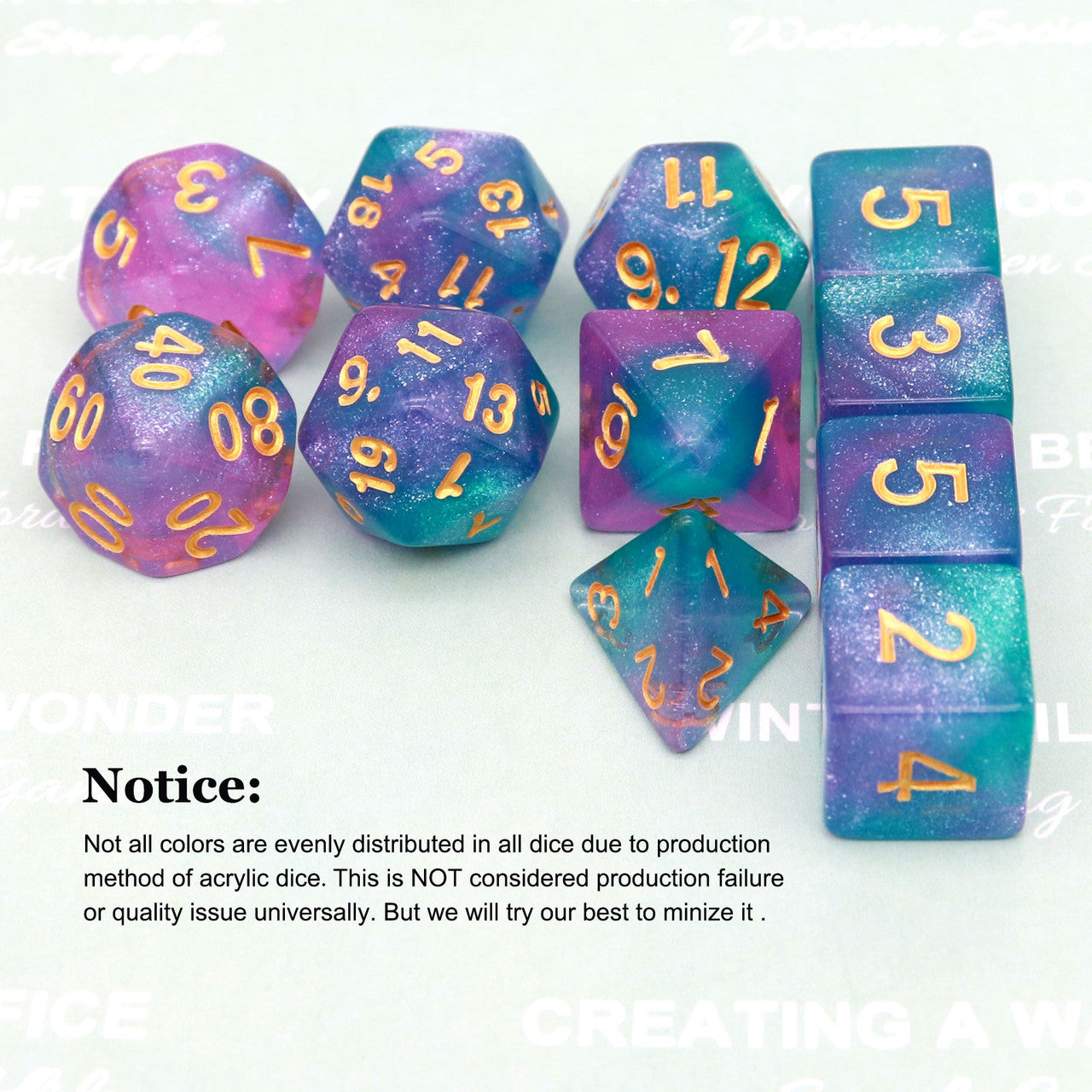 teal purple glitter dice 11 piece