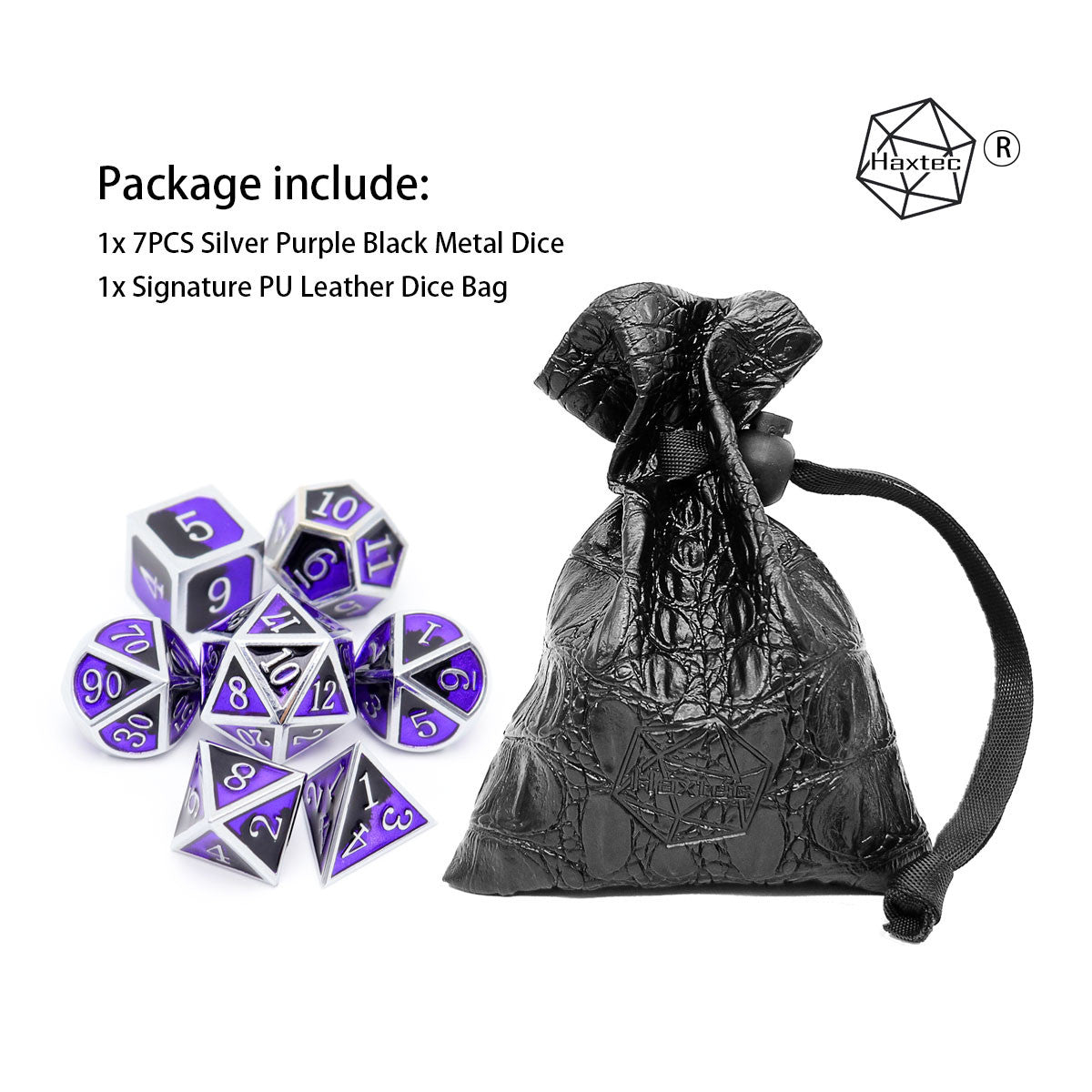 haxtec metal dnd dice, metal dice, dnd dice set, silver metal dice, purple metal dice, black metal dice