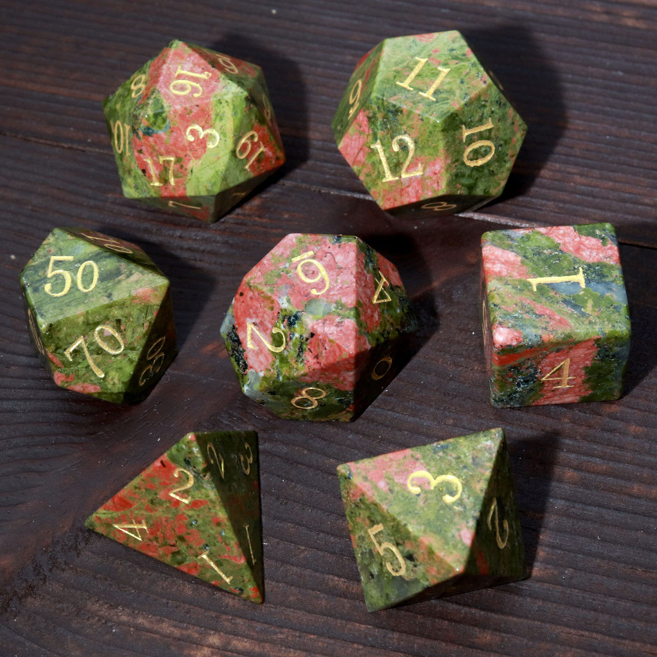 unakite dice, gemstone dice, dnd dice, haxtec dice