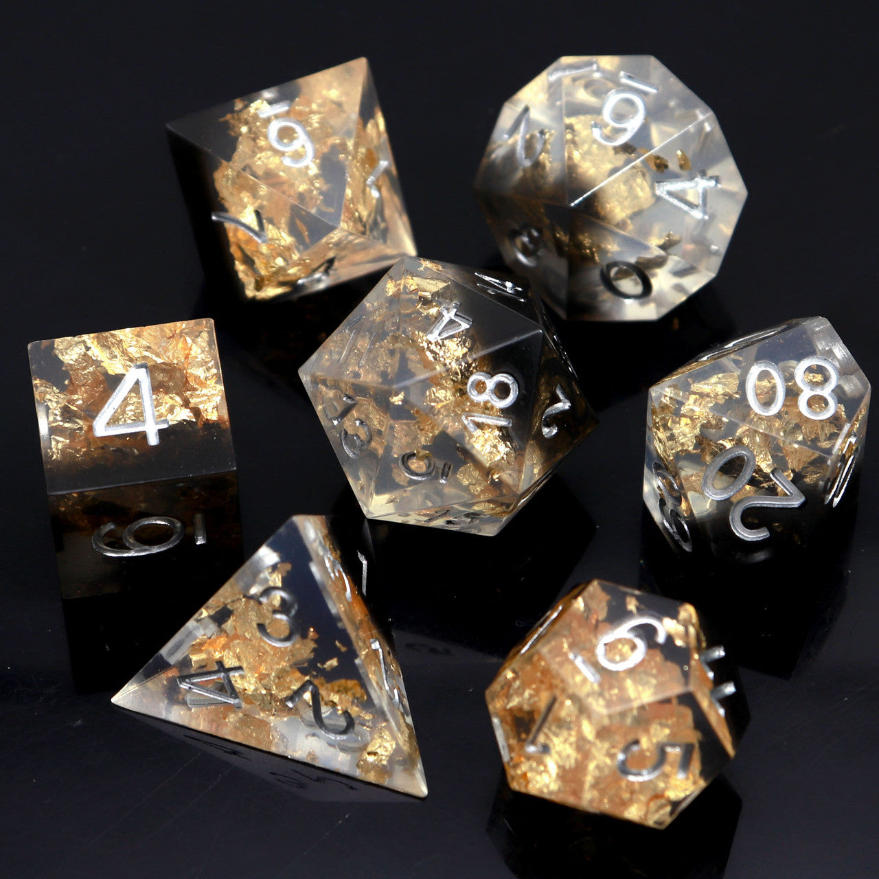 black clear gold foil resin dice set dnd sharp edge dice by haxtec
