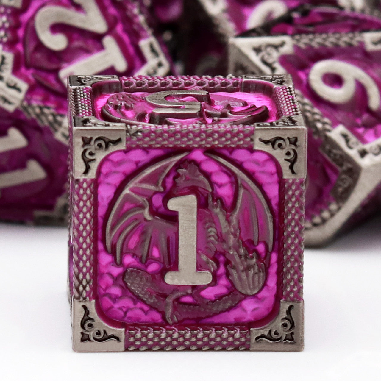 antique iron purple metal dnd dice set dragon pattern