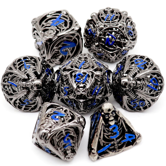 Haxtec Hollow Metal DND Dice Set Skeleton RPG Dice-Black Blue