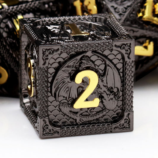 black gold metal dnd dice set dragon pattern