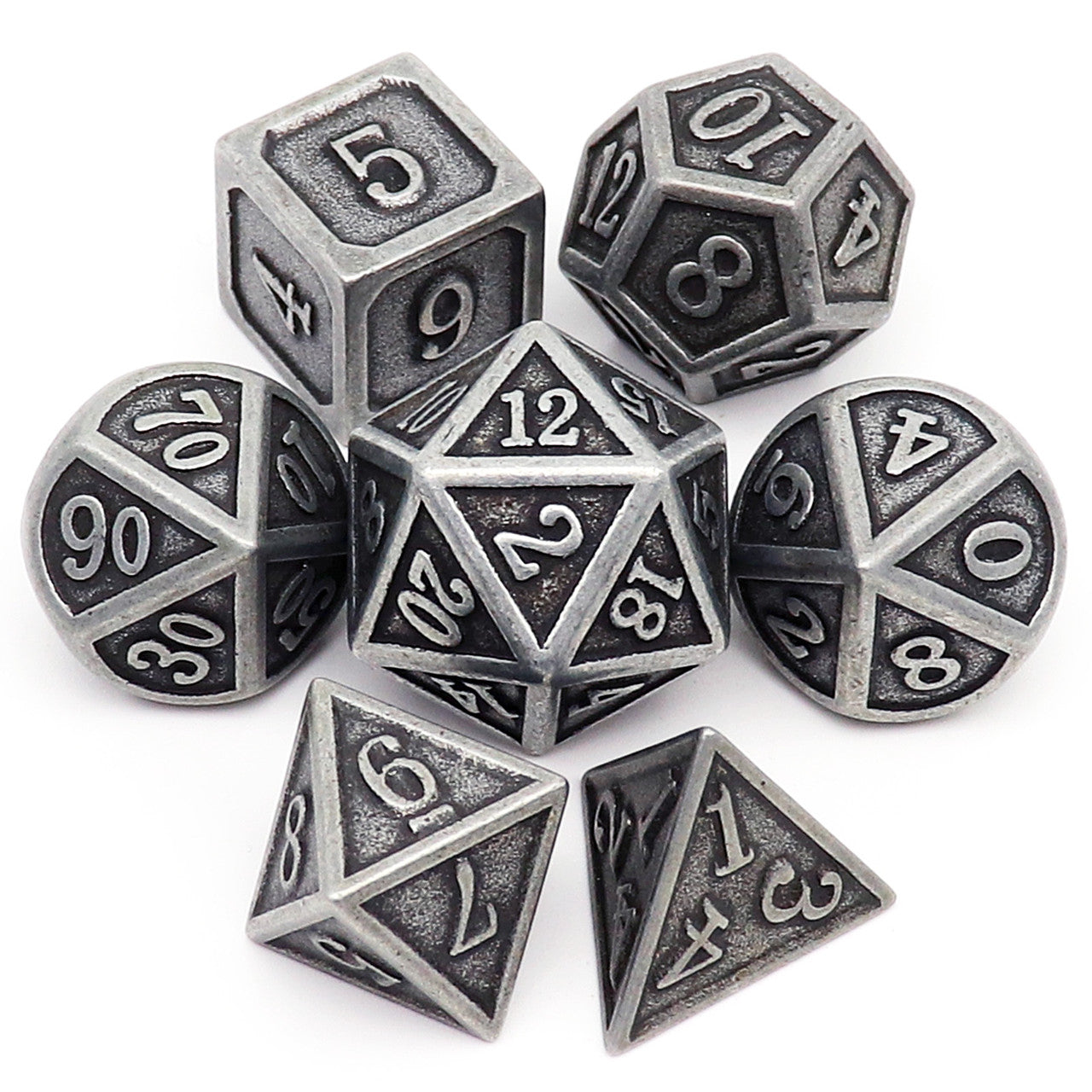 antique dice, antique metal dice, antique iron dice, metal dnd dice, metal dice set, metal dice, metal rpg dice, polyhedral metal dice, dice set, dnd dice, grey dice, black dice, stone dice