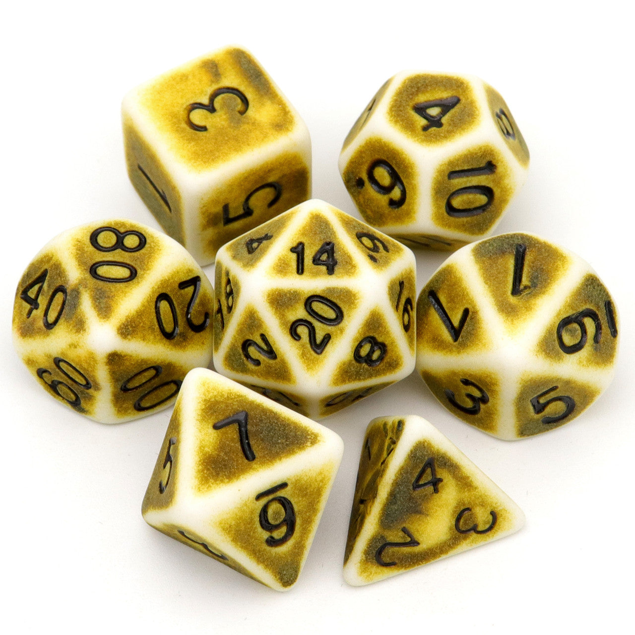 ancient dice, antique dice, bone dice, yellow dice, polyhedral dice, rpg dice, dice set,