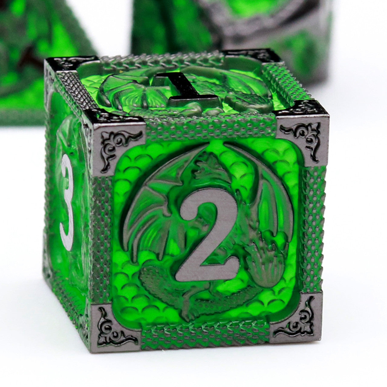 black green metal dnd dice set dragon pattern