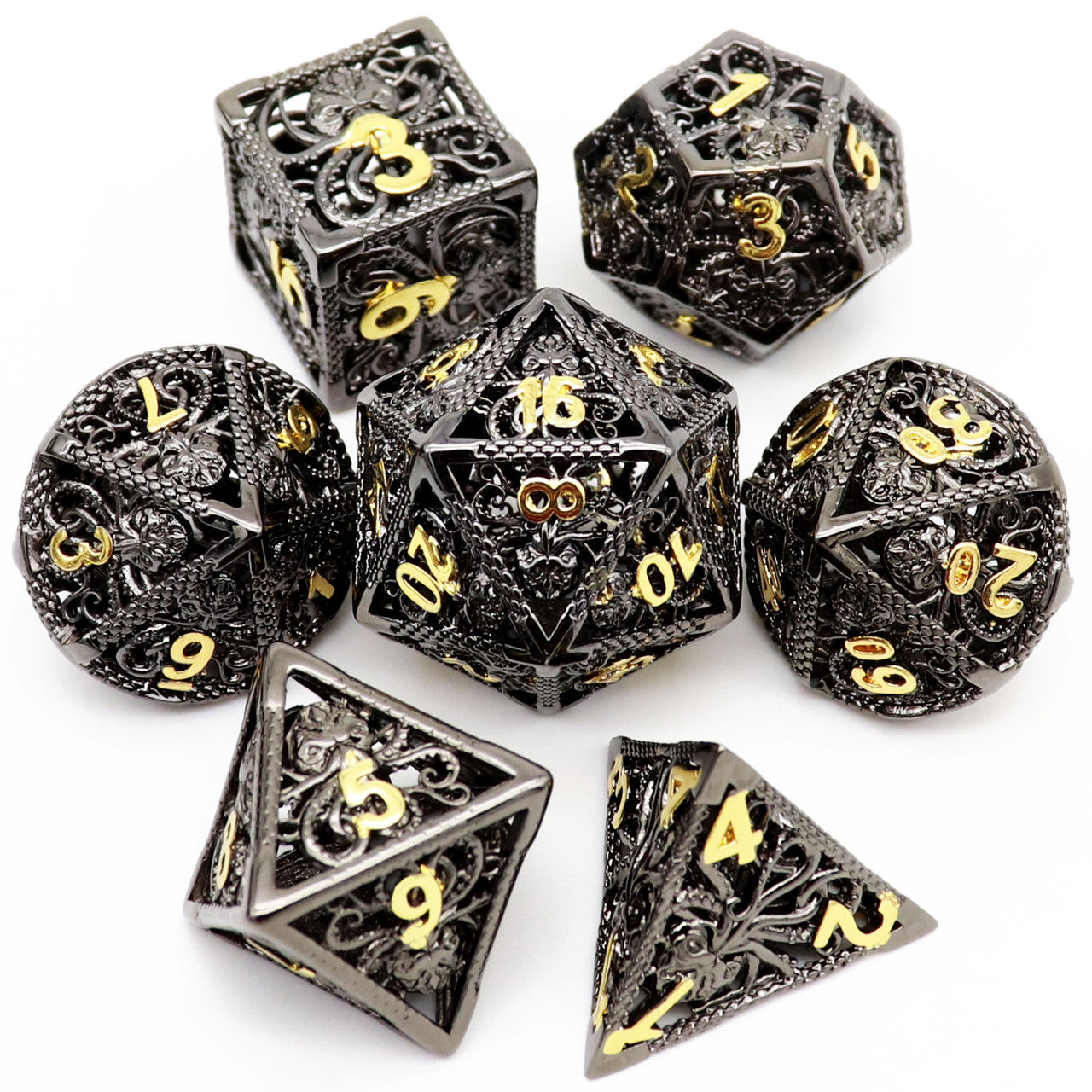 Haxtec Hollow Metal DND Dice Set Octopus Kraken Mind Flayer Dice-Black Gold Numbers