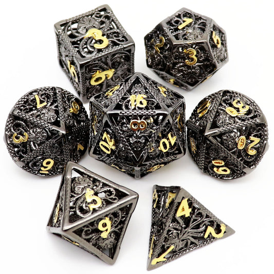 Haxtec Hollow Metal DND Dice Set Octopus Kraken Mind Flayer Dice-Black Gold Numbers