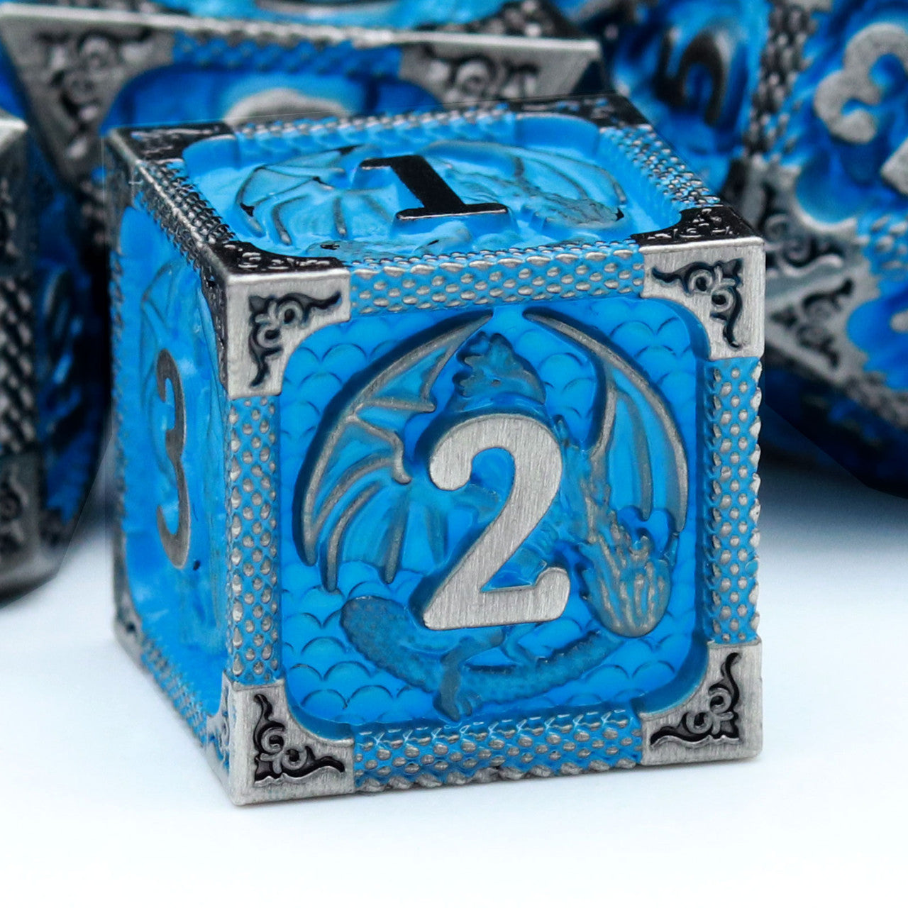 black blue metal dnd dice set with dragon leather dice bag