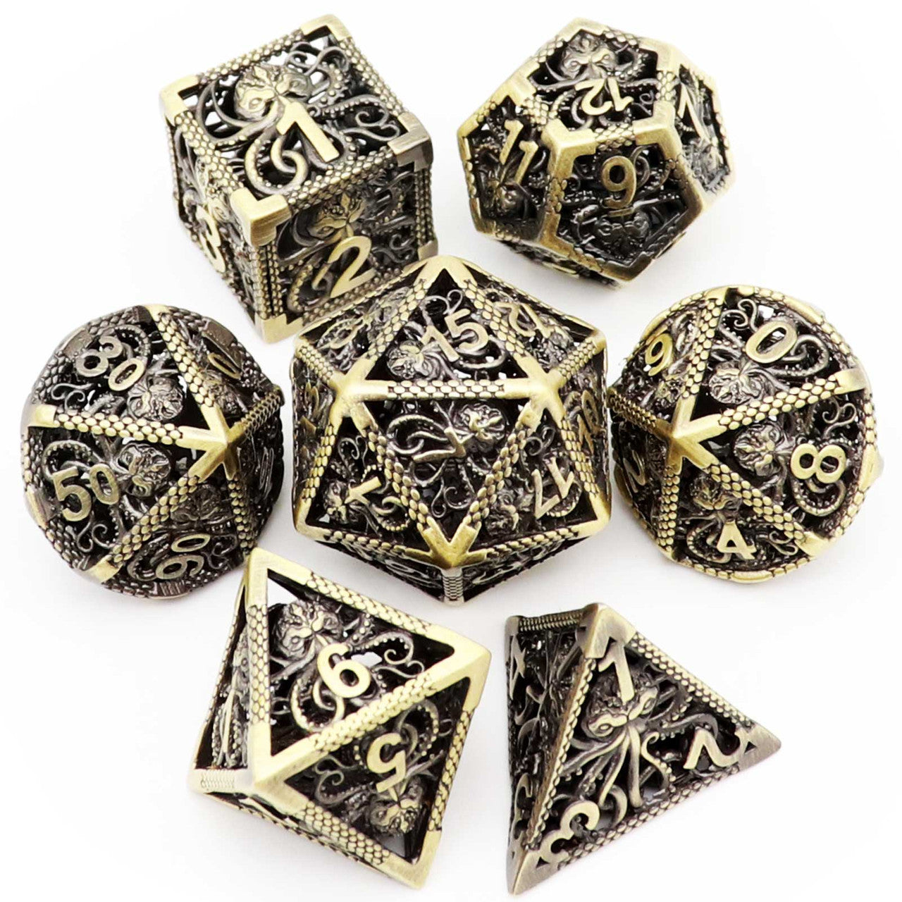 Haxtec Hollow Metal DND Dice Set Octopus Kraken Mind Flayer Dice-Antique Bronze