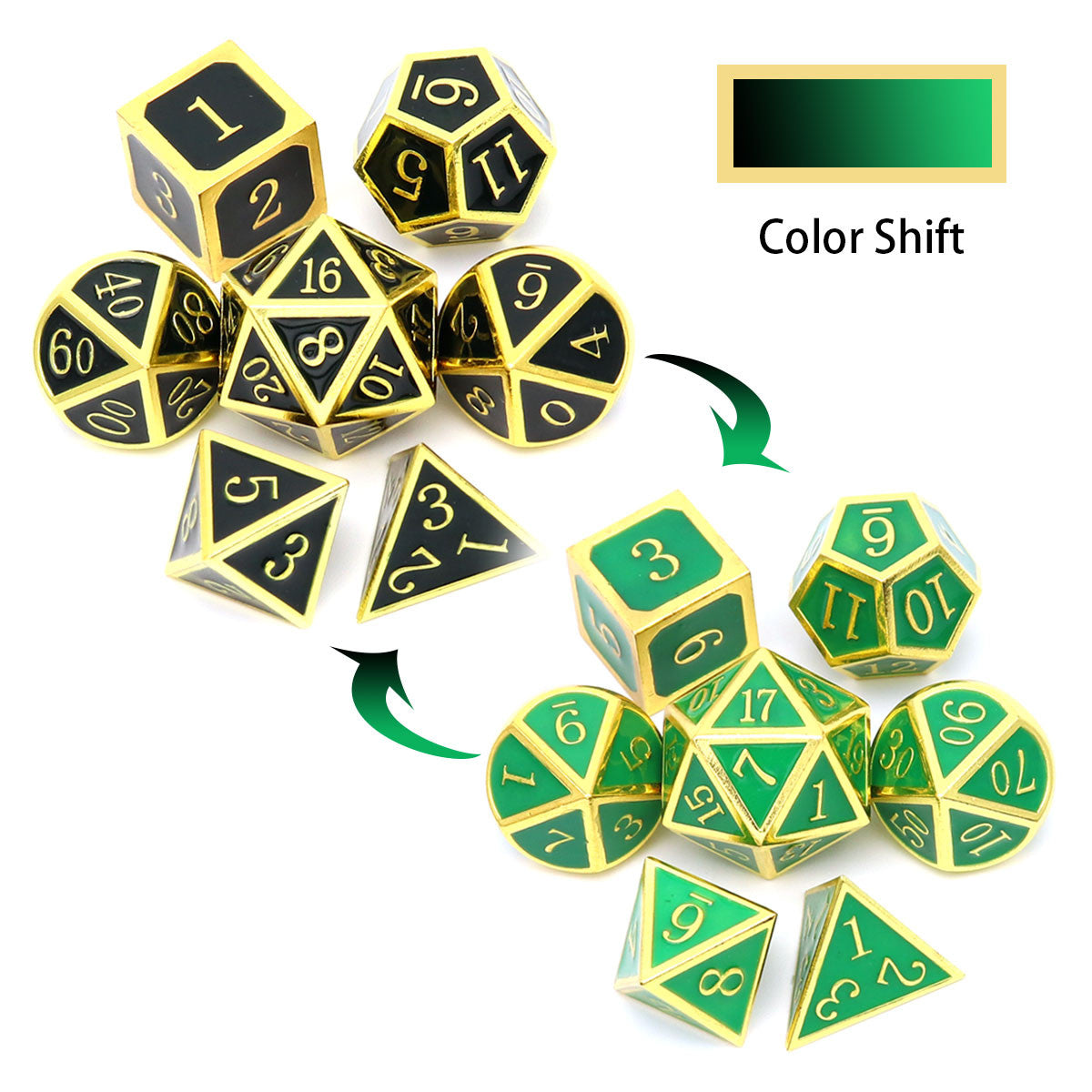 color changing metal dice, metal dnd dice , dnd dice set, gold dice, black dice, green dice, temperature dice, gold green metal dice