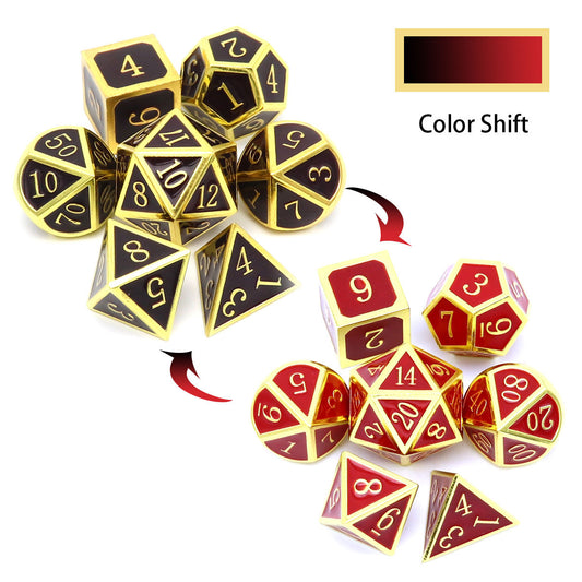 heat sensitive dice, temperature color changing dice, temperature dice, dices change colors with temperature, metal dice red, metal dice black , gold black red metal dice, metal dnd dice, rpg metal dice