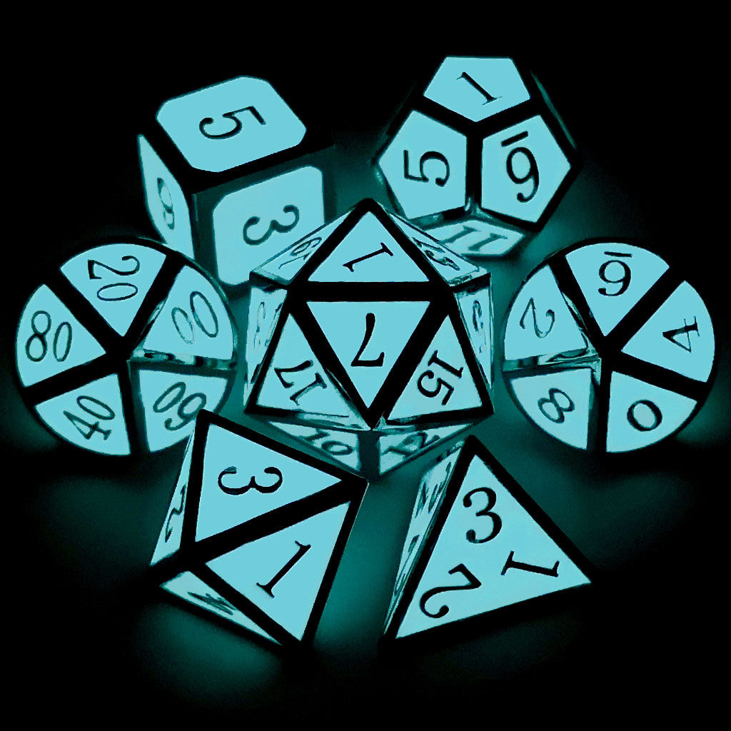 Metal dnd dice set glow in the dark silver blue