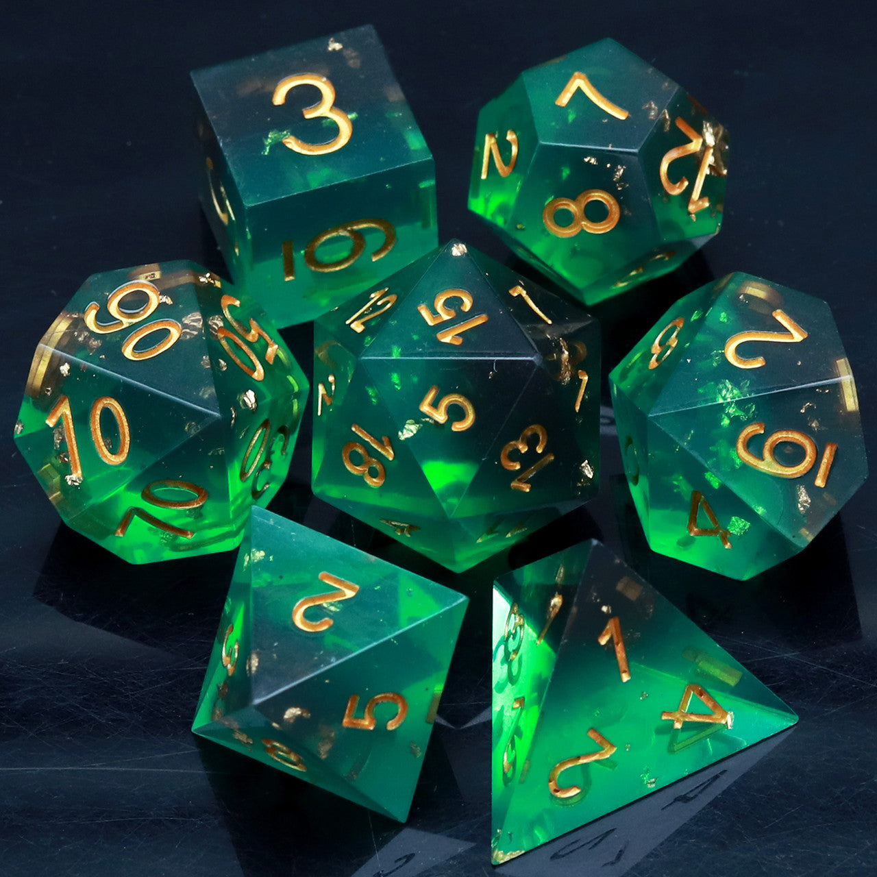 green black gold foild resin dnd dice set sharp edge dice with dice case