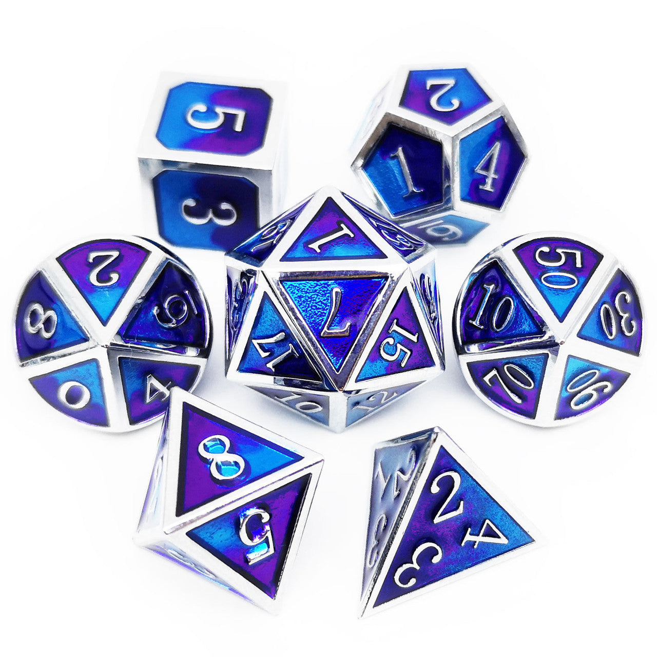 Metal DND Dice Set for Dungeons and Dragons Game-Silver Purple Blue(Myth)