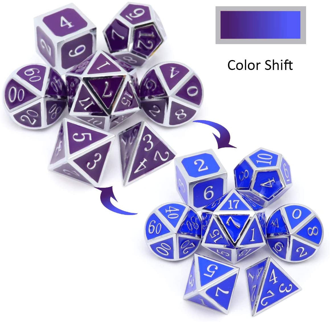 silver metal dice, silver purple dice, silver blue dice, metal dnd dice, dice set, metal dice, color changing dice, heat sensitive dice.