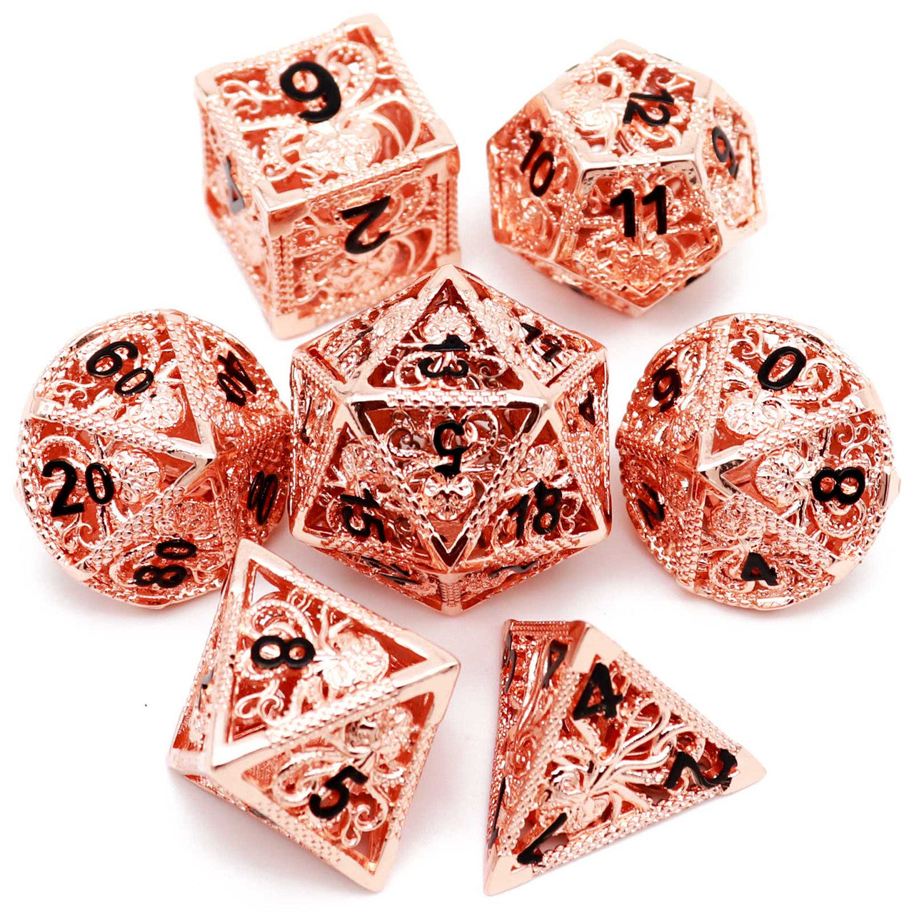 Haxtec Hollow Metal DND Dice Set Octopus Kraken Mind Flayer Dice-Copper Black Numbers