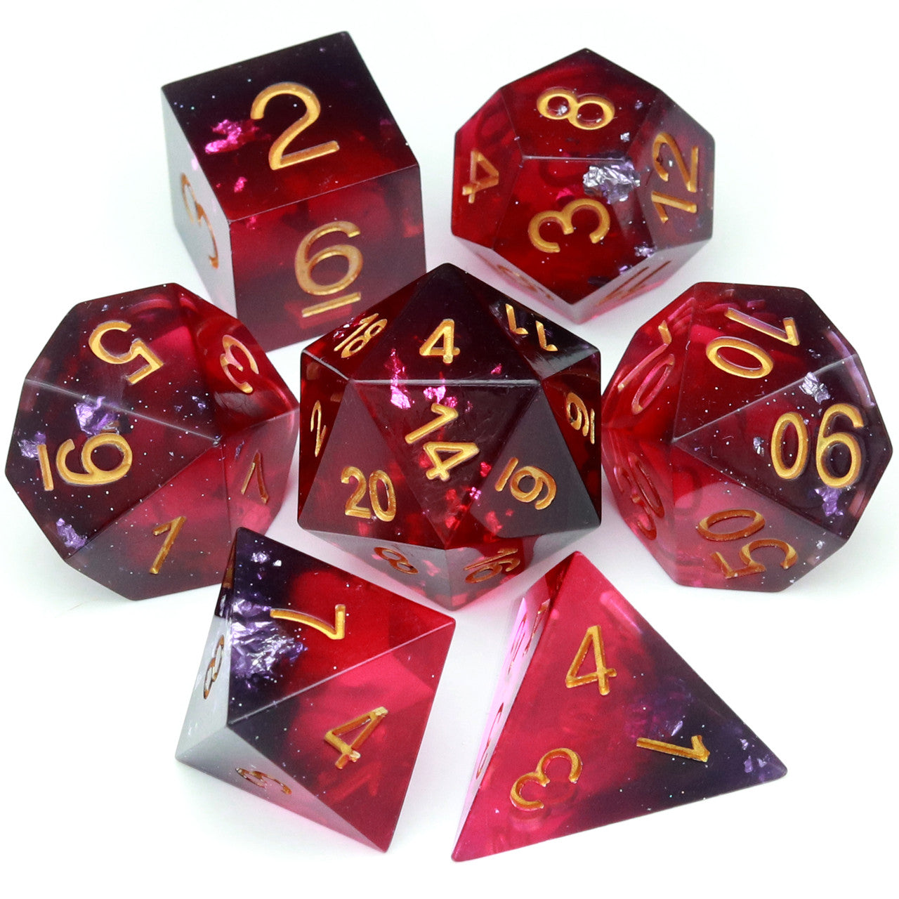 sharp edge dice purple red black resin dnd dice set