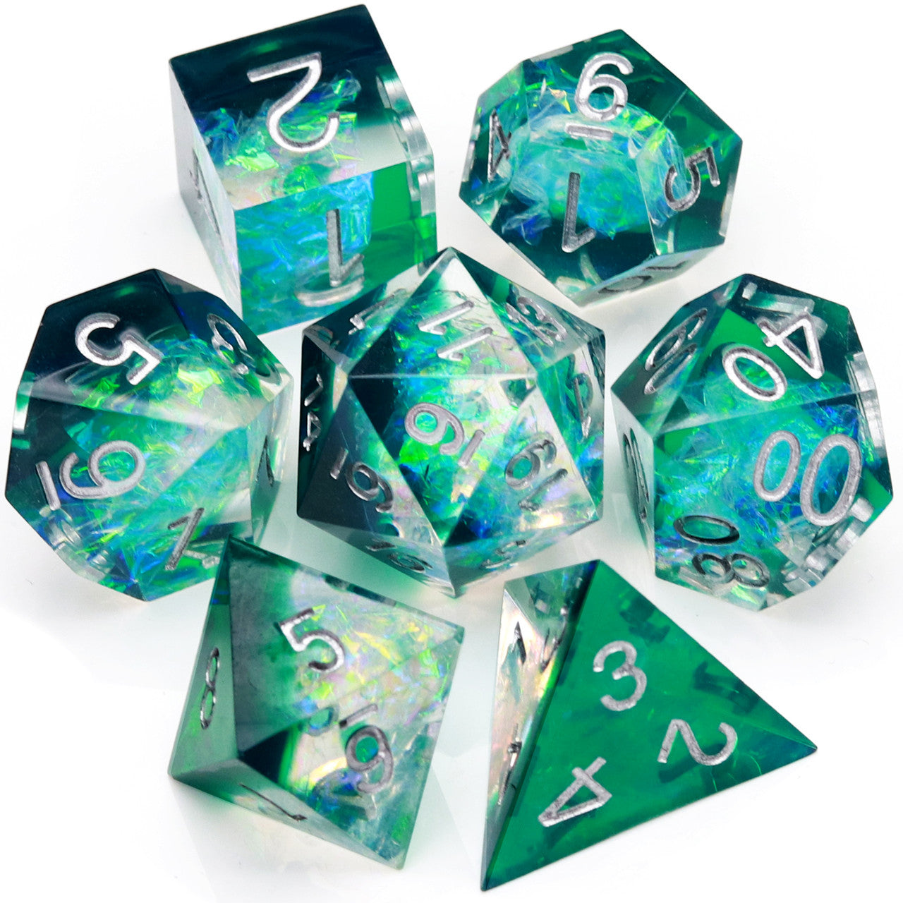 green sharp edged dnd dice set resin sharp dice with iridescent inclusion