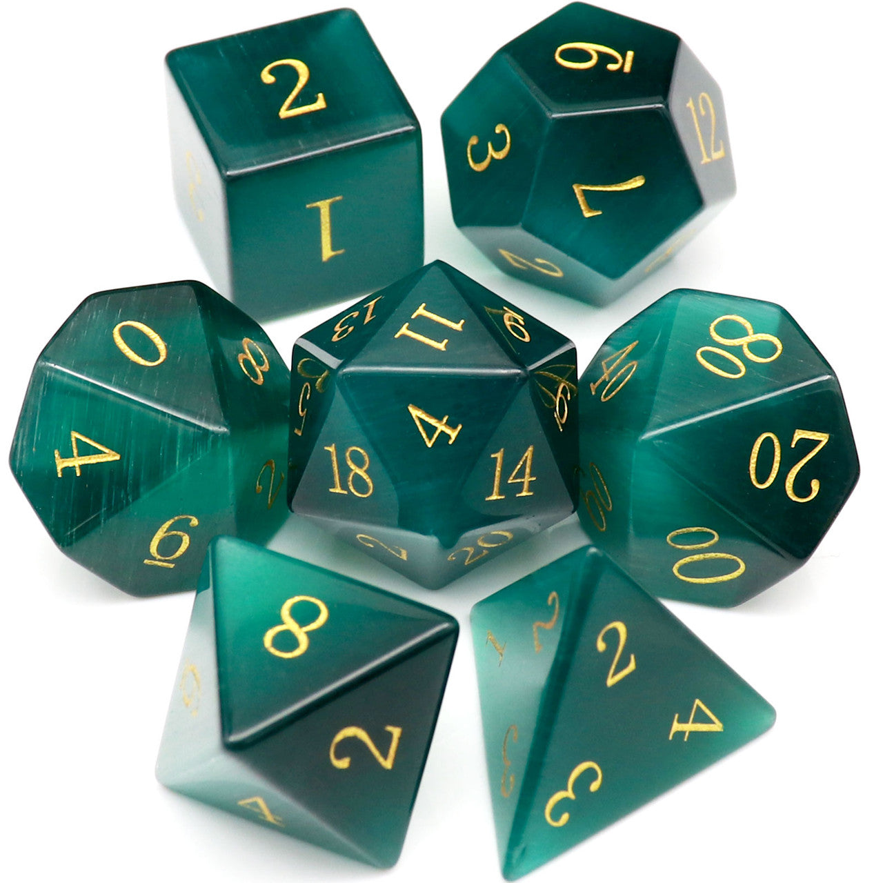 green cat eye dice set gem stone dnd dice rpg