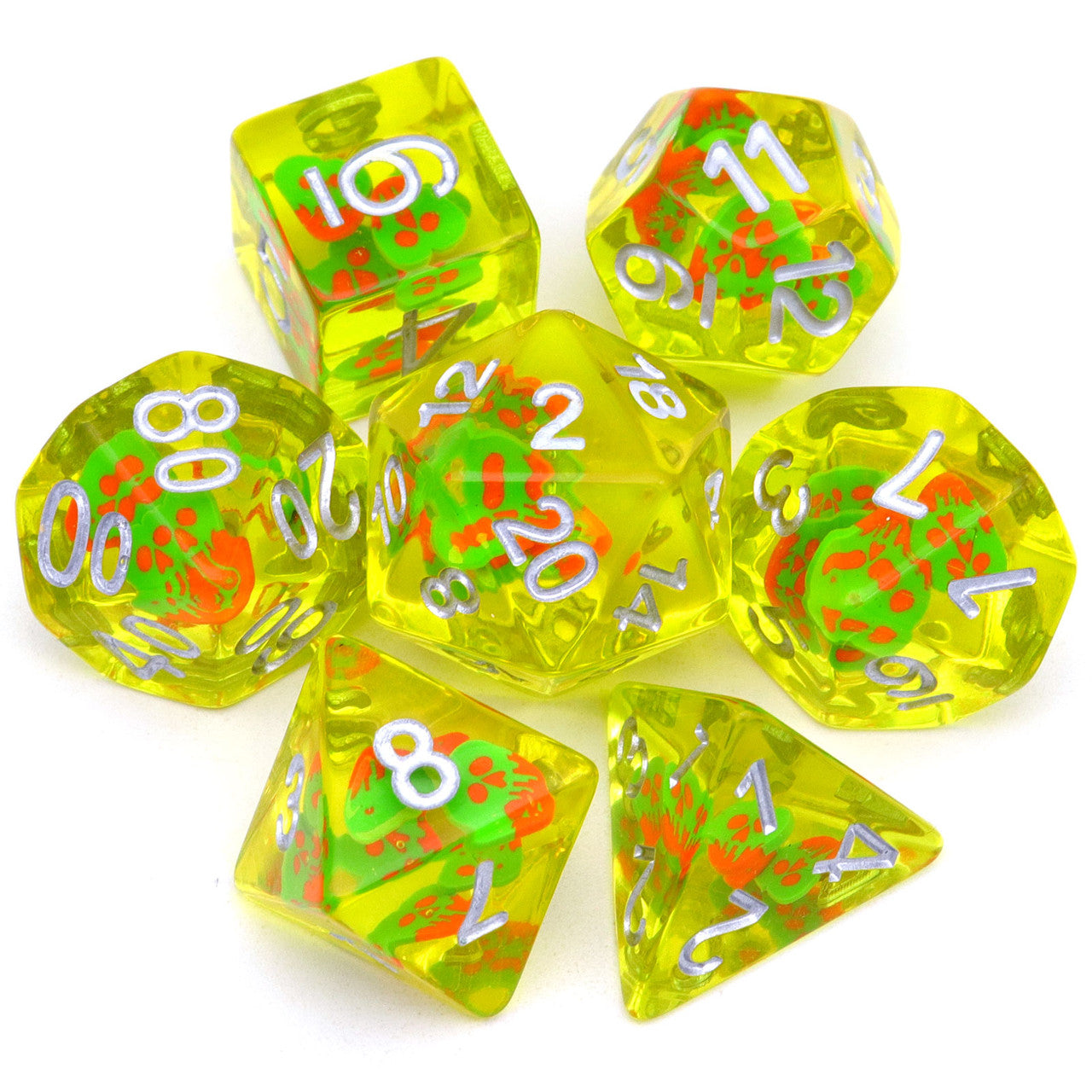 red green dice, yellow dice, olive dice, dnd die, rpg dice, resin dice, filled dice, filled resin dice, dice set, dnd dice set, rpg dice set, haxtec dice, ghost face dice, ghost dice, halloween dice, spirit dice