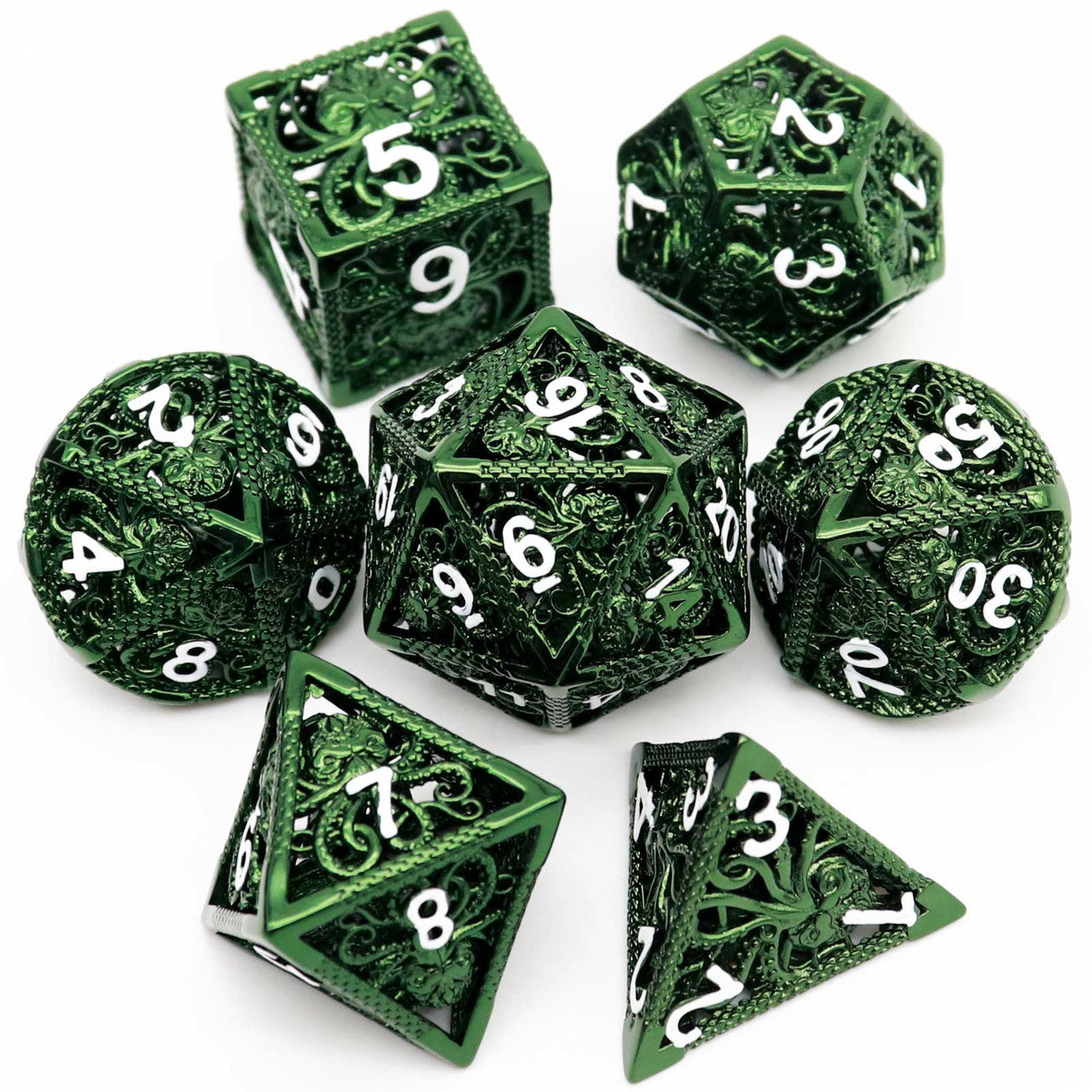 Haxtec Hollow Metal DND Dice Set Octopus Kraken Mind Flayer Dice-Green White Numbers