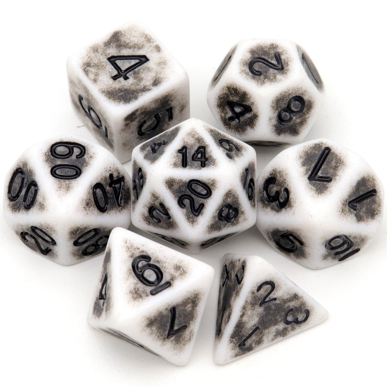 antique dice, ancient dice, grey dice, rpg dice, bone dice, polyhedral dice, dice set, dnd dice, black dice