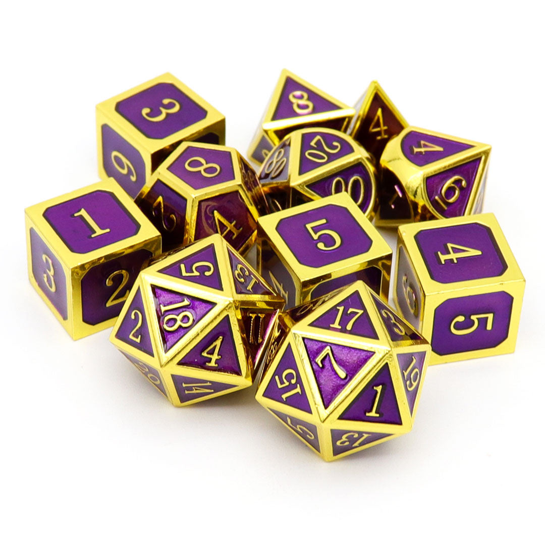 gold purple metal dice, purple metal dice, purple dnd dice, gold metal dice, gold dnd dice, rpg dice set