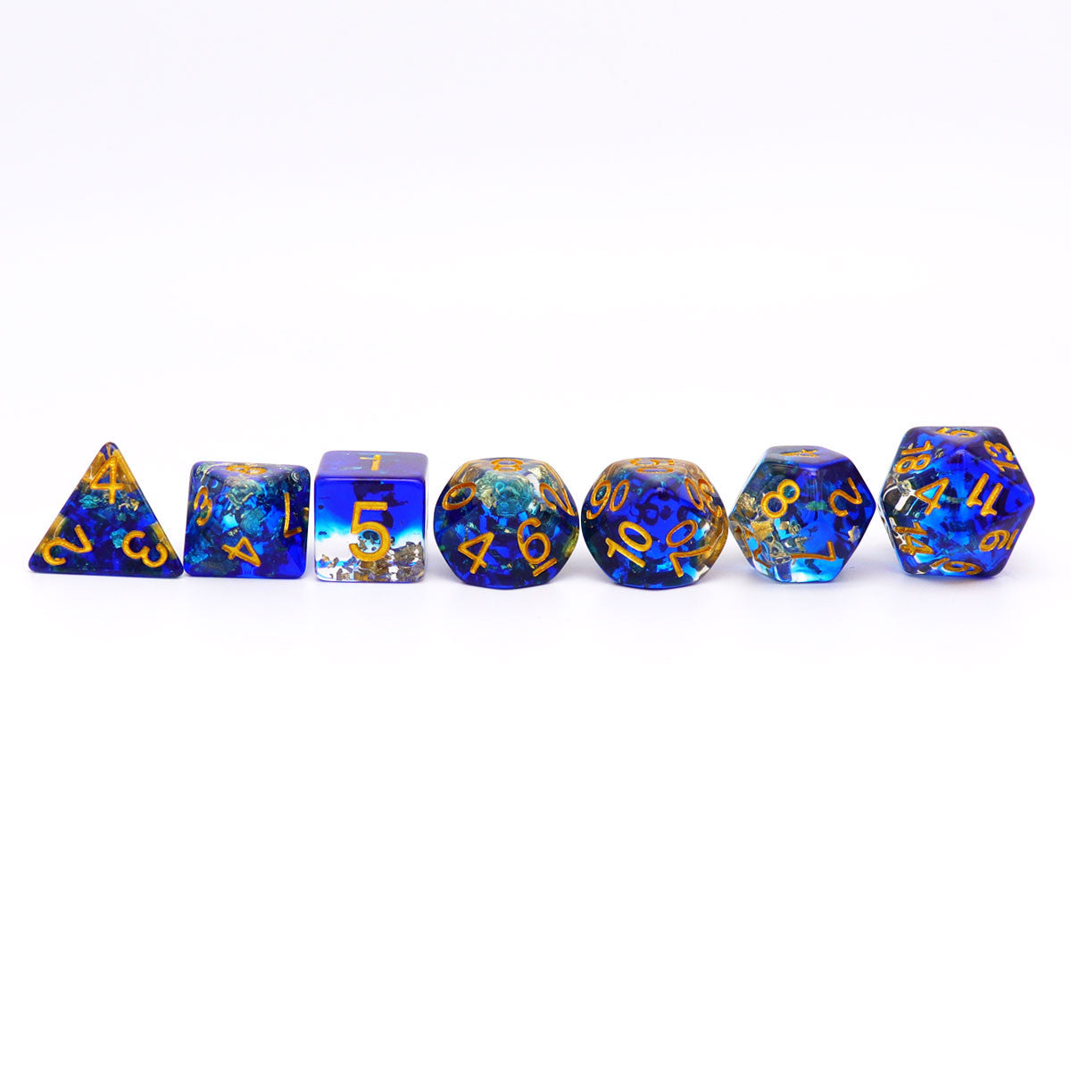 blue gold leaf dice set dnd, dnd dice, blue dice, gold foil dice, resin dice, clear dice, blue dice set