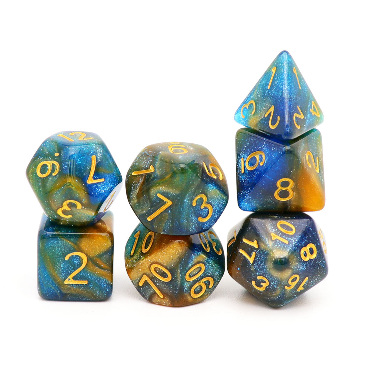 yellow blue dice, glitter dice, yellwo dice, blye dice, galaxy dice, nebula dice, dnd dice, dice set d d dice, polyhedral dice