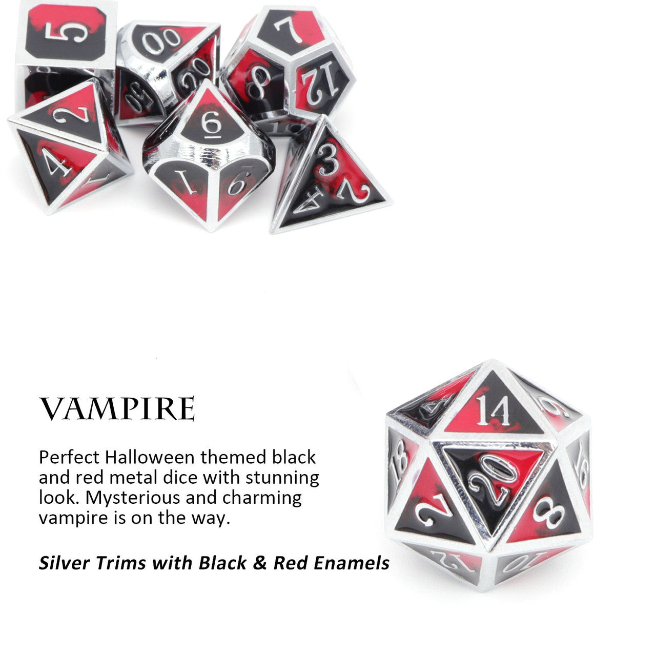 silver red black metal dnd dice for rpg ttrpg games dungeons and dragons