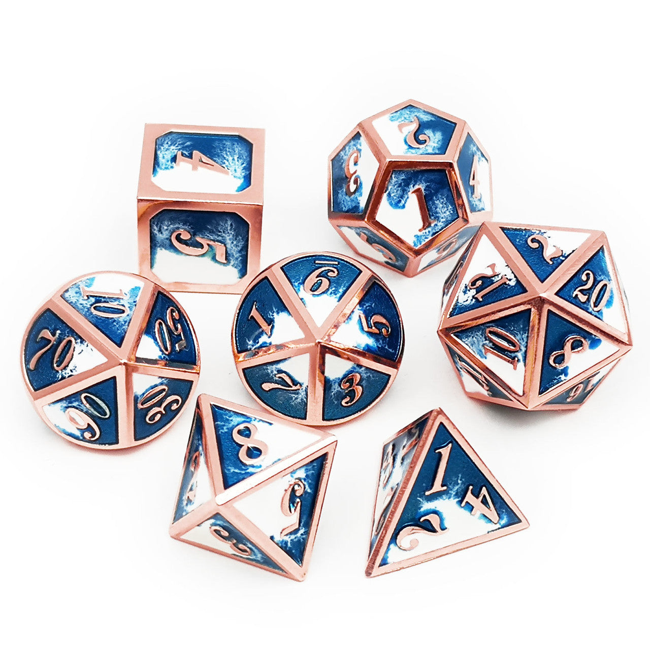 copper dice, ice dice, rosegold dice, blue and white dice, blue dice, white dice
