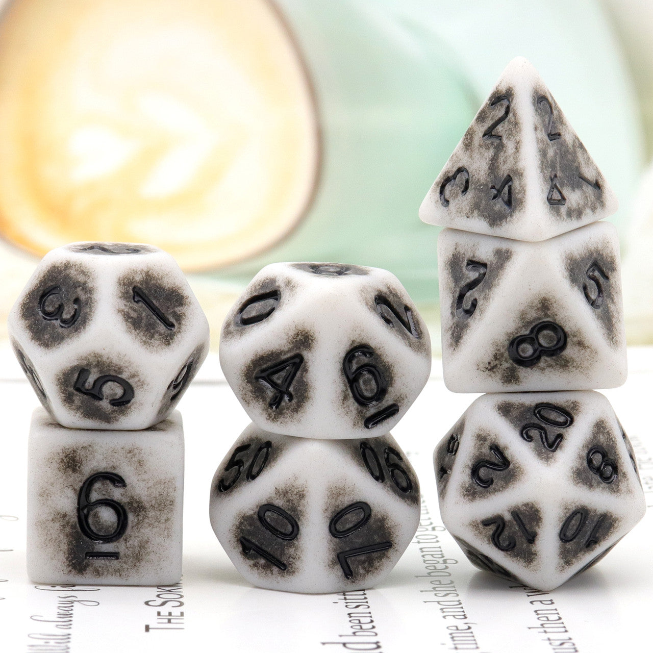 antique dice, ancient dice, grey dice, rpg dice, bone dice, polyhedral dice, dice set, dnd dice, black dice