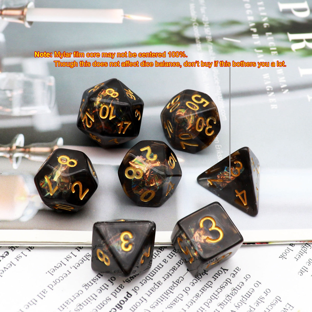 Iridescent dice, black dice
