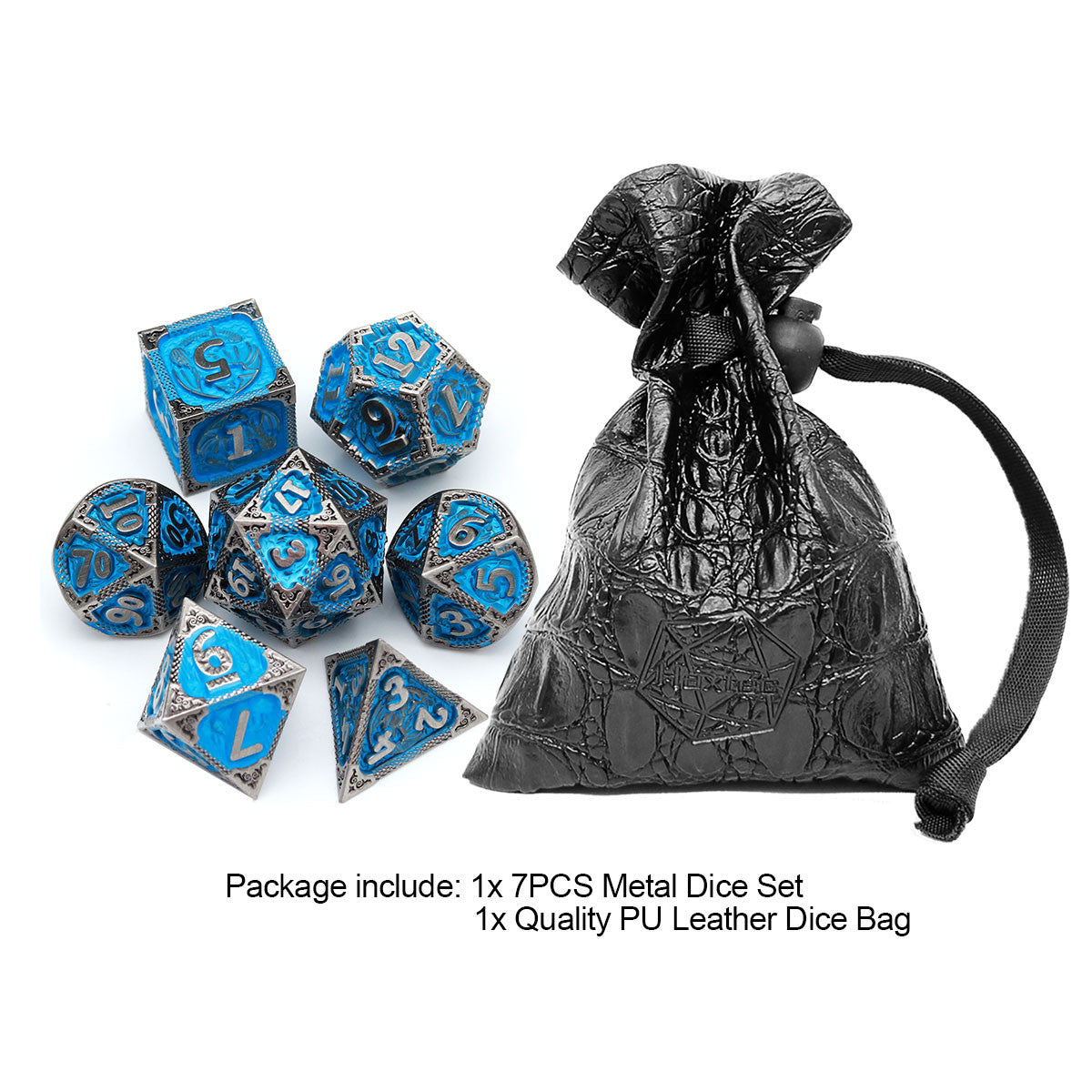 Haxtec Fire-breathing Dragon Pattern Blue Metal DND Dice Set With Leather Dice Bag for Dungoens and Dragons RPG Gifts-Antique Iron Matt Blue