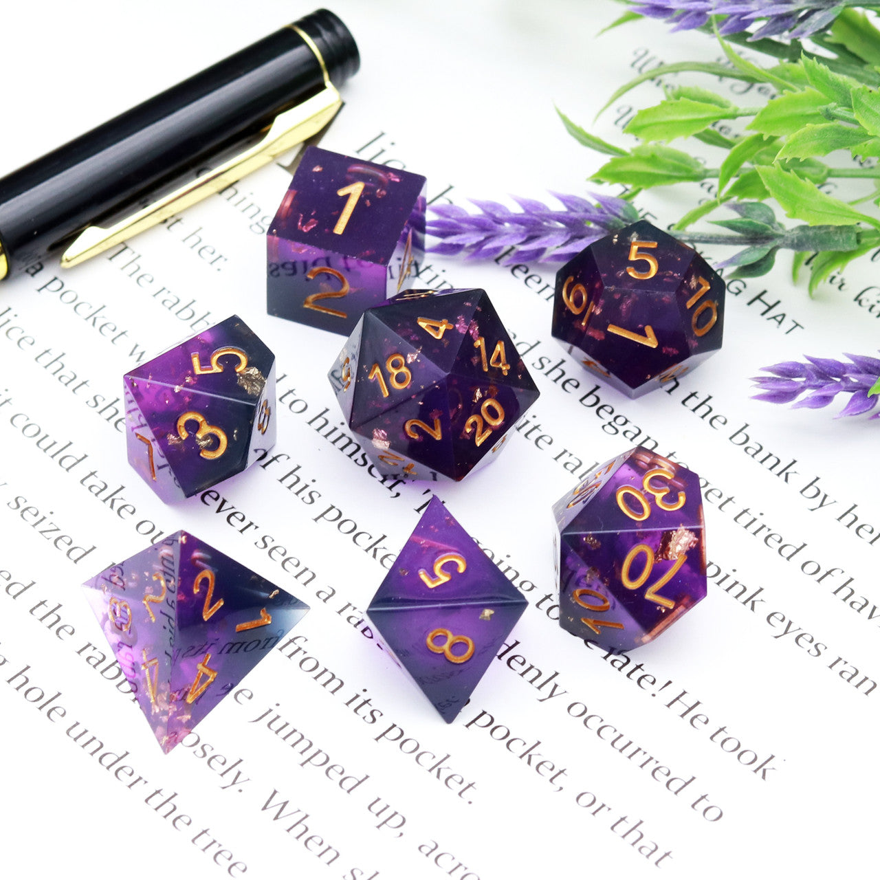 purple black gold flakes sharp edge resin dnd dice set by haxtec