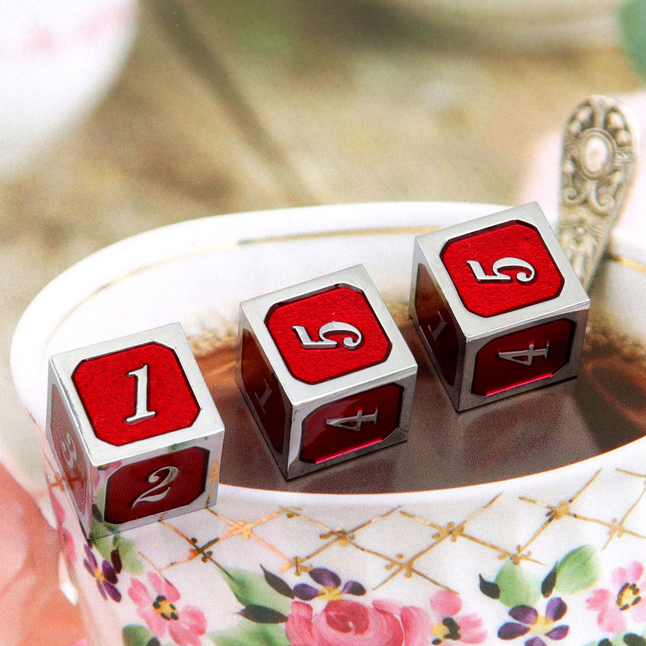 silver red metal dice, metal d6 die, single metal die